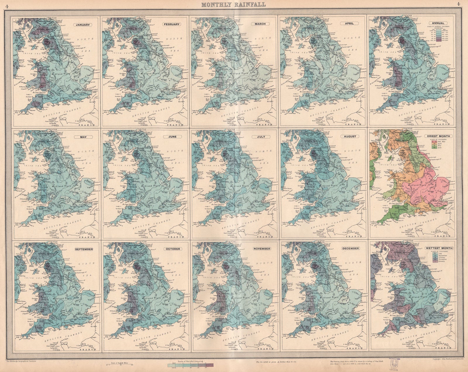 GREAT BRITAIN. England and Wales. Monthly & annual Rainfall. LARGE 1939 map